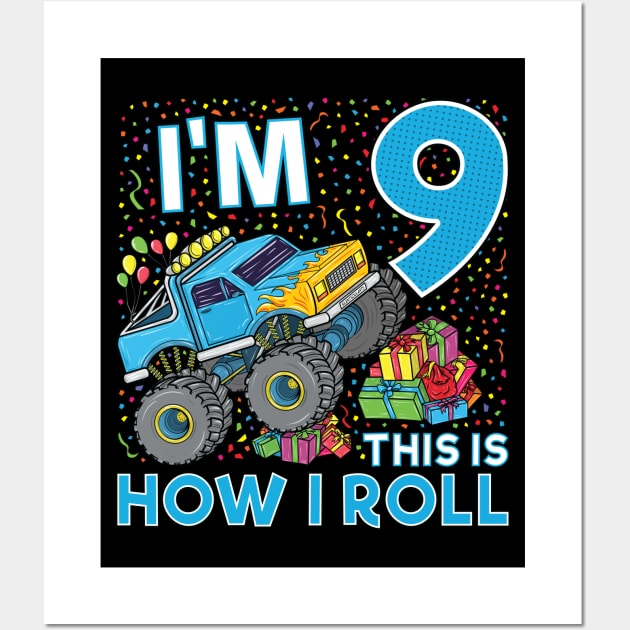 9th Birthday Monster Truck Party Gift 9 Year Old Boy Wall Art by silentsoularts